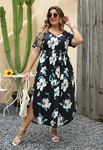 Image of Nemidor Womens Casual Plus Size Tie Waist Slit Long Maxi Dress with Pockets NEM313
