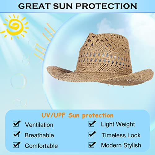 Image of Men & Women's Summer Cowboy Cowgirl Straw Hat Hollow Out Woven Roll Up Wide Brim Sun Hat with Chin Strap