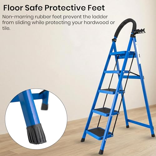 Image of Norman Jr Blue 5 Step Ladder for Home Use with Built-in Tool Tray | Heavy Duty D Shape Rods | Ultra Large Platform | Wide Rubber Feet | 150Kg Capacity Foldable Ladder - 7 Years Warranty