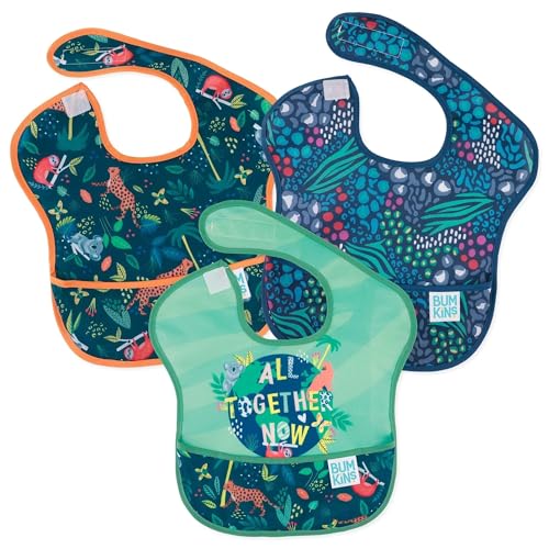 Image of Bumkins Bibs for Girl or Boy, SuperBib Baby and Toddler for 6-24 Months, Essential Must Have for Eating, Feeding, Baby Led Weaning Supplies, Mess Saving Catch Food, Waterproof Fabric 3-pk Jungle