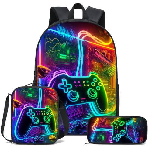 monTTese Set de 3 piezas mochila escolar niño y mochilas escolares adolescentes, mochila para amantes del gaming, bolsa de almuerzo y estuche para bolígrafos y lapiceros