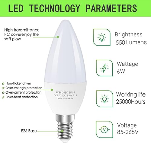 Miniatura 4 de Bombillas LED E12 para ventilador de techo, bombilla LED B11 de 6 W que reemplaza 60 vatios incandescente, 550 LM, 2700 K blanco cálido, bombilla