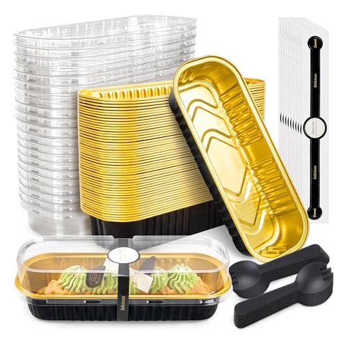 Image of NPLUX Loaf Pans with Lids, 50 Pack Black Gold 6.8oz for Weddings | Use for cake slices, loaf cuts, tiramisu and truffle layers; clear top helps buyers see the finished look.