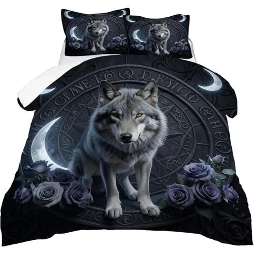 Image of Gothic Wolf Moon Comforter Set Queen Size Dark Fantasy Wolf Rose Bedding Sets for Kids Teens Boys Girls Bedroom Mystic Witchy Decor Quilt 1 Comforter 2 Pillowcases