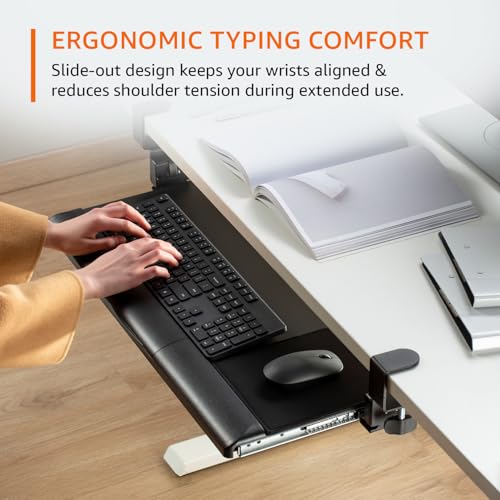 Image of Amazon Basics Ergonomic Under-Desk Keyboard Tray | Slide-Out Design with Sturdy C-Clamps | Space-Saving | Non Drill Clamp On Mount | Fits Desks Upto 48mm Thickness | 68 L x 28.3 W x 2.9 H cm