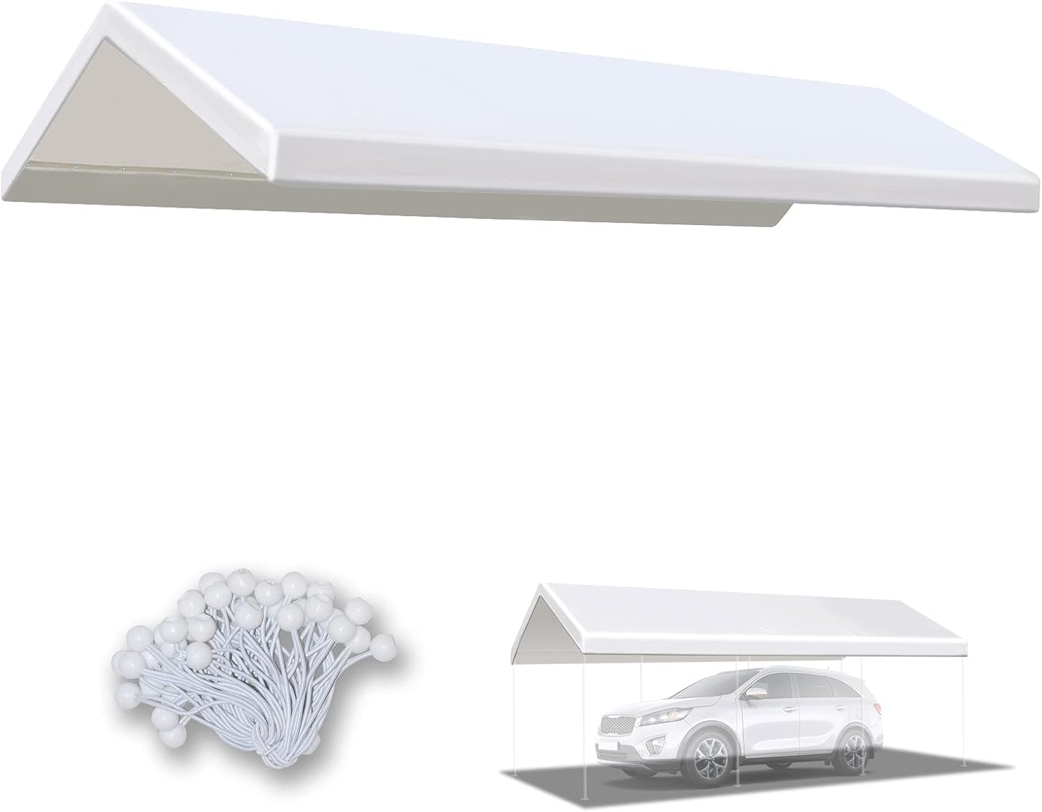 BenefitUSA 10x20' Waterproof Upgraded Carport Replacement Canopy Only Garage Top Cover Tent Shelter Tarp with Ball Bungee Cords,Frame is not Included White