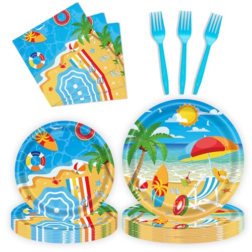 Fesciory PLATES053-BEACH 96 Pcs Beach Birthday Party Plates Napkins Forks Supplies Tableware Set Disposable Paper Beach Theme Decoration