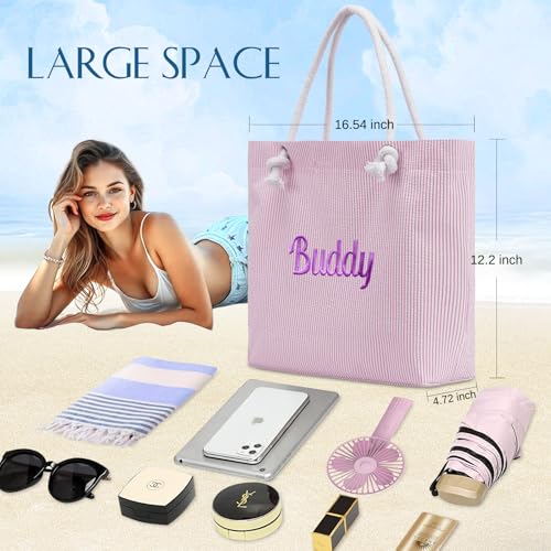 Ulico Personalzied Beach Tote Bag with Embroidered Name，Seersucker Cute Custom Reusable Grocery Shoulder Bag for Women4