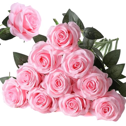 Nubry Artificial Silk Rose Flower Bouquet Lifelike Fake Rose for Wedding Home Party Decoration Event Gift 10pcs (Pink)