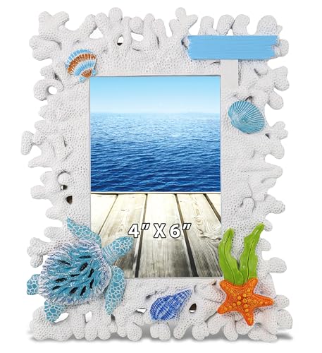 CoTa Global White Coral Sea Turtle 4x6 Nautical Frame - White Coral Photo Frame for Summer Vacation Memory, Handmade Beach White Coral Reef Nautical Picture Frame for Tabletop or Wall Hang - 8 Inches