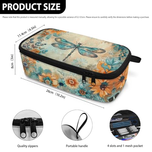 Image of Dragonfly Flower Girls Pencil Case for Women Aesthetic Pencil Pouch Large Storage,Pencil Container for Elementary Kids Children Pencil Bag for Boys Adults Men Box Pencil Handbag