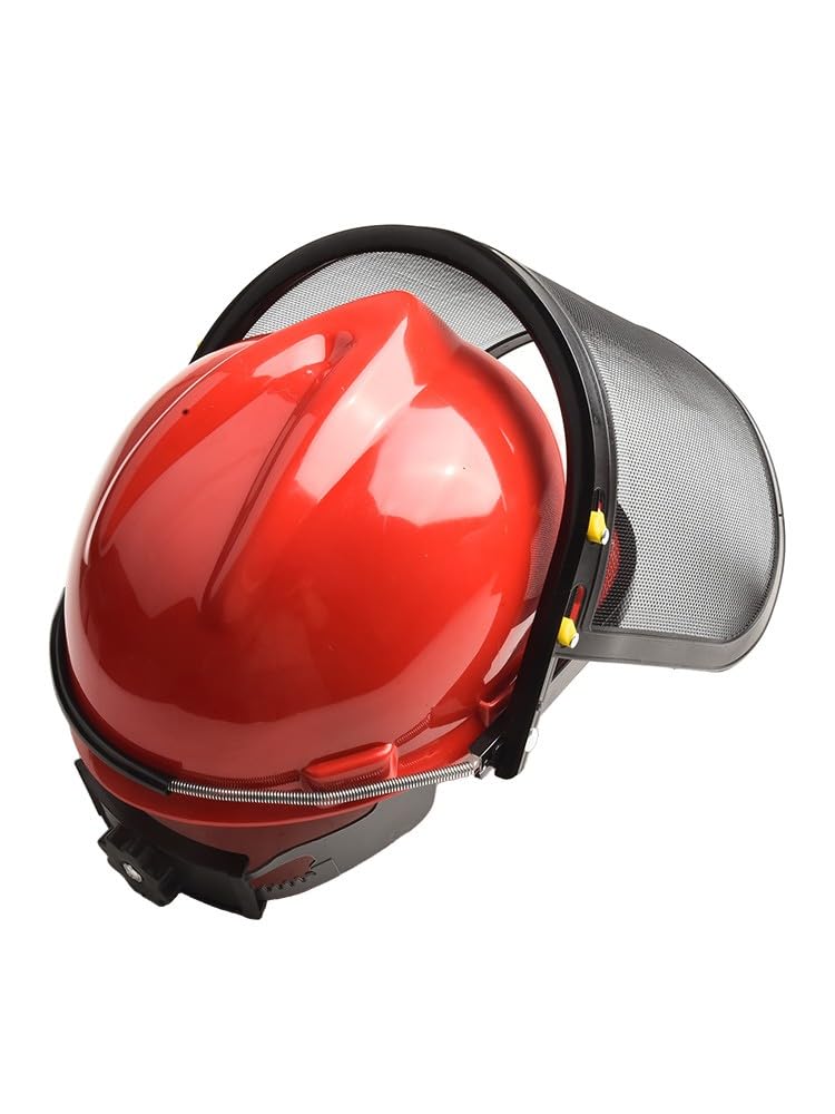 Casco de protección para motosierras con visera, malla de protección facial, ajustable, ligero, para cortacésped, desbrozadora, rojo y negro