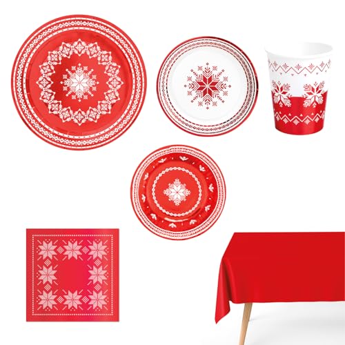 OH YEAH - Kit Vajilla Navidad 12 Personas Jacquard Rojo - 84 Piezas - Platos, Vasos, y Servilletas Desechables - Temática Navideña - Cenas Navideñas, Reuniones Familiares y Fiestas de Fin de Año OH YEAH - Kit Vajilla Navidad 12 Personas Jacquard Rojo - 84 Piezas - Platos, Vasos, y Servilletas Desechables - Temática Navideña - Cenas Navideñas, Reuniones Familiares y Fiestas de Fin de Año