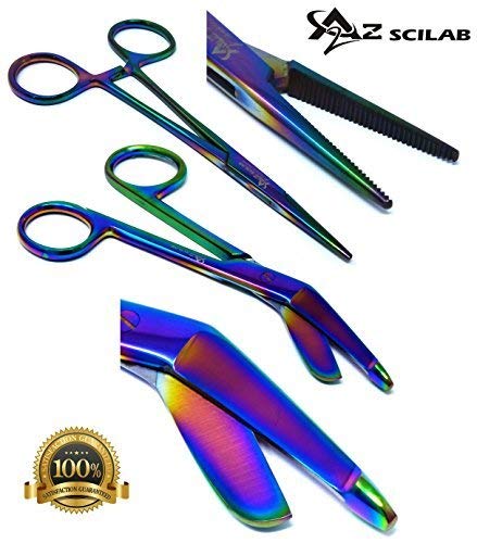 Heavy Duty Multi Rainbow Color Lister Bandage Trauma Shears Scissors + Hemostat Forceps Straight PREMIUM QUALITY (A2ZSCILAB) (4.5
