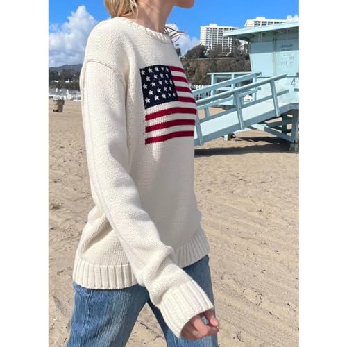 Image of Women's American Flag Sweater Vintage Star Print Long Sleeve Crew Neck Sweater Top 4th of July Knit Top