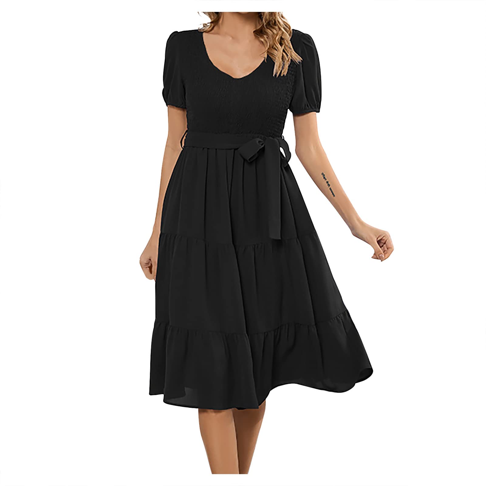 AMhomelySummer Dresses for Women UK Solid Relaxed Comfort V-Neck Sexy Versatile Short Sleeve Dress Ladies Trendy Tunic Dresses Activewear Dresses for Vacation Cocktail Formal Work Wedding