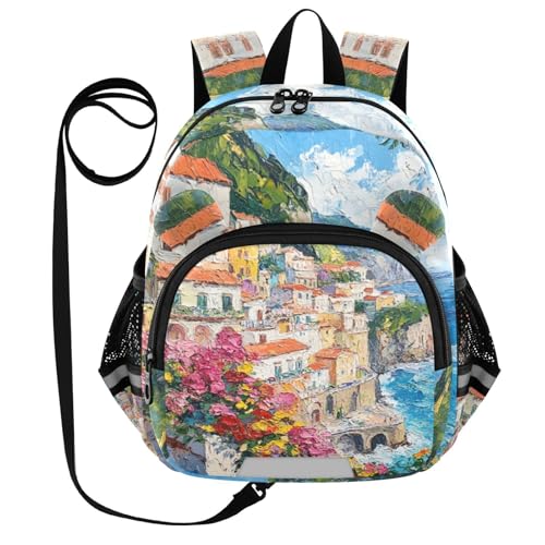 Sea Coast Flowers Toddler Harness Backpack for Boys Girls 3-6 Years Kids Backpack with Anti Lost Safety Leash Baby Protection Backpack for Travel Preschool Walking
