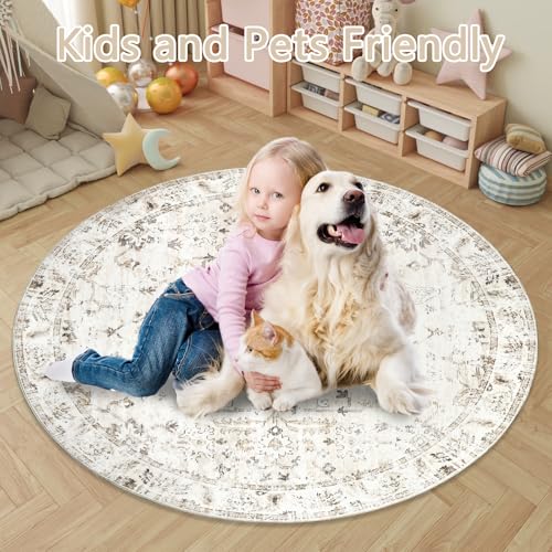 Homcomodar Vintage Round Rugs 120cm Beige Rug for Living Room Circle Area Rugs with Non Slip Backing Washable Rug for Bedroom Soft Printed Carpet for Living Room Kid’s Room Nursery - Image 4