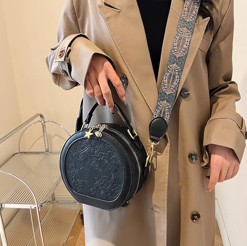 Women's Retro Flower Printing Handbags and Crossbody Bags,Female Purses Quilted Versatile Round Bags Satchel Bags4