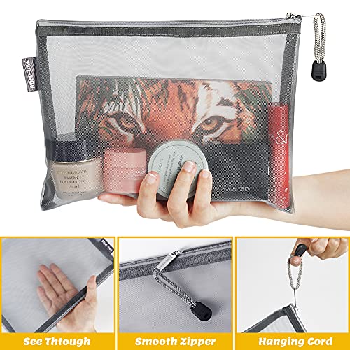 GINOYA 6 Pack Mesh Toiletry Bag, Nylon Makeup Pouches with Zipper for Cosmetic Home Office Purse Diaper Bag (Gray) - Image 2