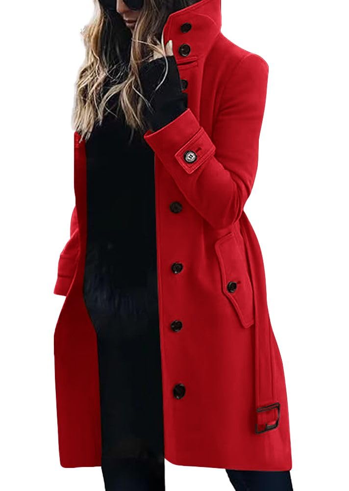 chouyatou Womens Single Breasted Stand Collar Wool Coat Business Casual Midi Long Winter Pea Coat