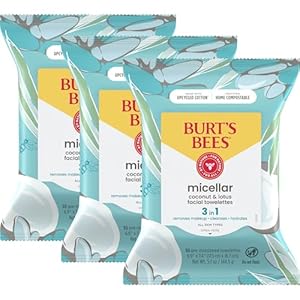 Burt’s Bees Coconut & Lotus Face Wipes, for All Skin Types, Micellar Makeup Remover & Facial Cleansing Towelettes, 30 Ct. (3-Pack)