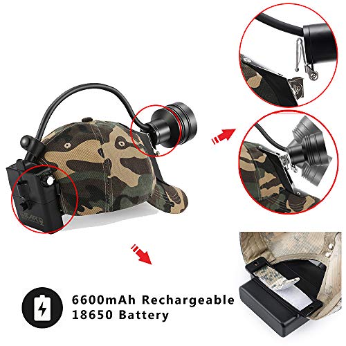 GearOZ Coon Hunting Lights Headlamp for Coyotes Hog Predators, Rechargeable & Waterproof, 6 Lighting Modes, 4 Powerful LEDs (White Red Green Amber) with Camo Hunting Hat Perfectly for Night Working
