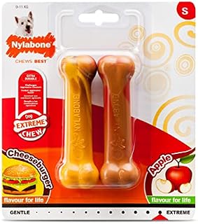 Nylabone Extreme Tough Dog Chew Toy Bones, Cheeseburger & Apple Flavour, 2-piece, Small, For Dogs Up To 11 kg
