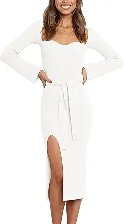LILLUSORY Women's Sweetheart Neckline Sweater Dress Ribbed Knit Dress with Slit and Belt