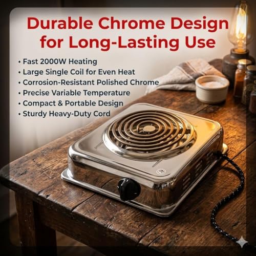 Image of Drumstone 2000W Electric Hot Plate Single Burner - High-Efficiency Fast Heating Cooktop with Durable Chrome Surface, Even Heat Distribution, Portable Compact Design for Kitchen, Office & Travel Use