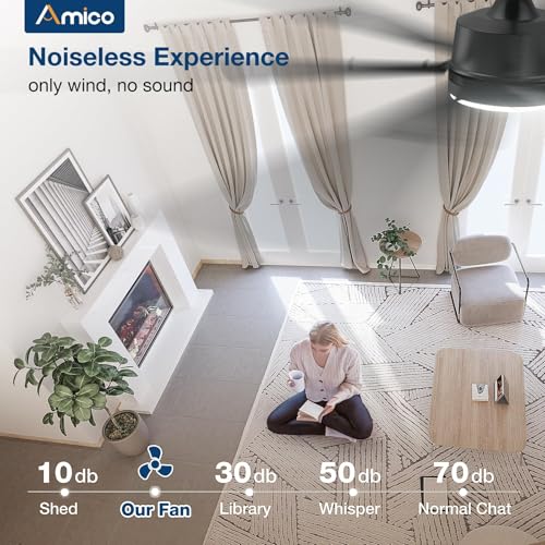 Image of Amico Ceiling Fans with Lights and Remote, 72 Inch Black Indoor /Outdoor Ceiling Fan with 6 Speed, Reversible DC Motor, 3CCT, Dimmable, Noiseless modern ceiling fan for Bedroom, Living Room, Patio