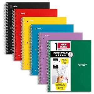 Five Star Spiral Notebook + Study App, 6 Pack, 1 Subject, Wide Ruled Paper, 8″ x 10-1/2″, 100 Sheets, Fights Ink Bleed, Water Resistant Cover, Assorted Colors (38042)