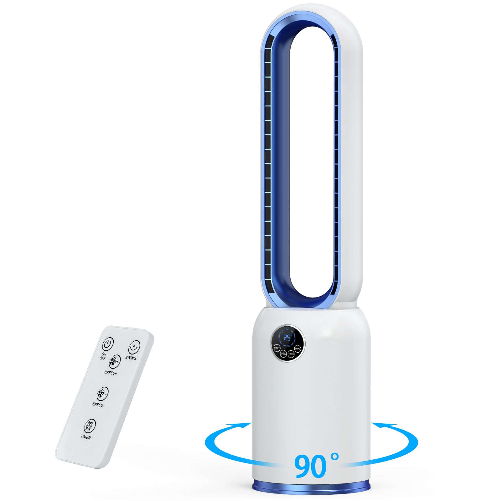 Ventilateur Colonne Silencieux, 90° Oscillation&24 Vitesses pour Ventilateur Sans Pale, Ventilateur Tour avec 12H Minuteries, Ventilateur Sans Lame avec Télécommande et Ecran Tactile (Bleu)
