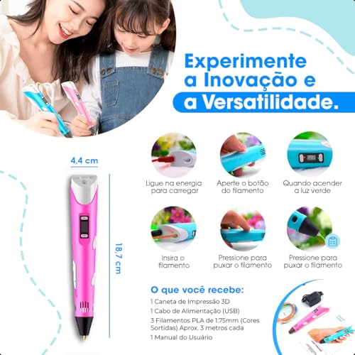 Caneta Impressora 3D Com Refil Filamento Profissional Desenho Adulto Estudante Infantil Premium (Ros