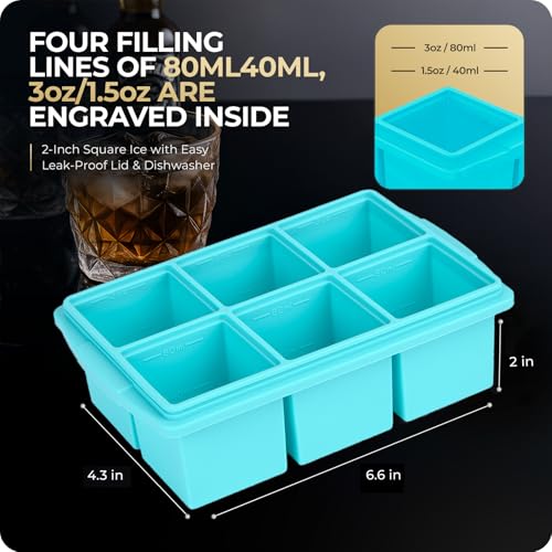 Image of Large Ice Cube Trays for Whiskey, Silicone Ice Cube Tray, with Reinforced Steel Ring Top, Makes 12 perfect 2-in ice cubes, Square Ice Tray for Cocktails, Whiskey, Coffee. (2 Pack)
