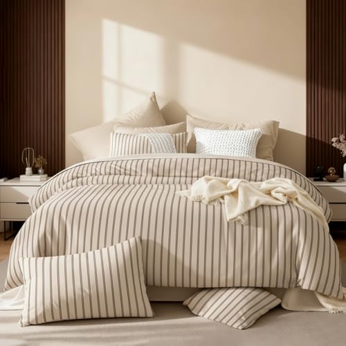 Image of Nayoroom Striped Duvet Cover Queen Size Brown Stripe Duvet Cover Dorm Bedding Set 3 Pieces Soft Lightweight Microfiber Farmhouse Bedding Set Gifts for Women Men (Tannish Linen Grey, Brown Stripes)