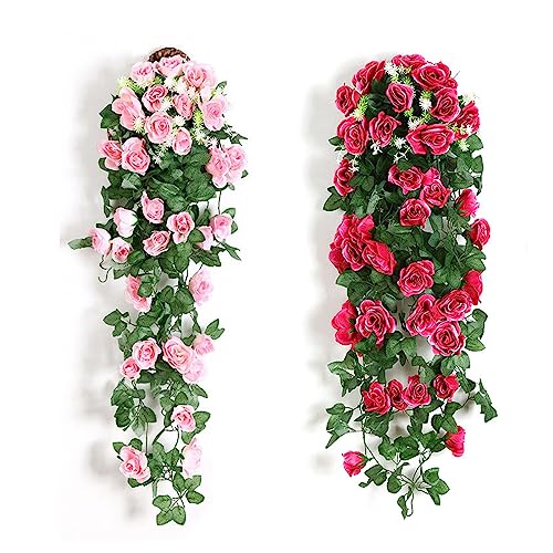 LAKSOL 2 Stück Künstliche Blumen Deko, Künstliche Hängende Blumenpflanze Künstliche Rose Hängende Pflanzen Künstliche Hängepflanzen 90 cm für Draußen Außen Deko