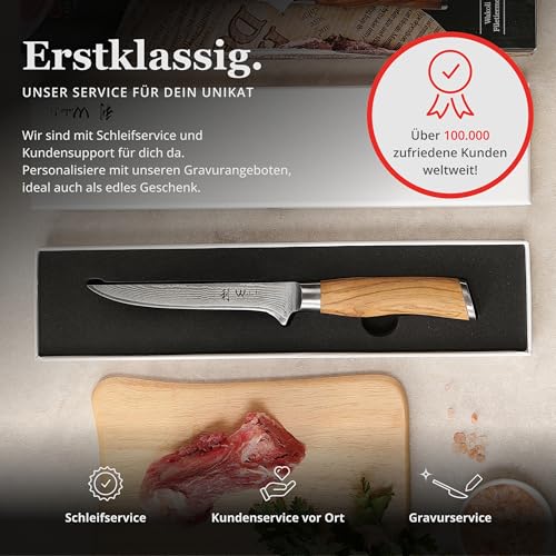 Foto von Wakoli Olive Ausbeinmesser aus echtem Damaststahl (VG10 Kern) mit 14,5 cm Klinge – Scharf und ergonomisch – Damastmesser mit Olivenholzgriff in Geschenkbox – Damast Filetiermesser für Fisch & Fleisch