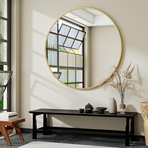 Image of VooBang Large Gold Round Bathroom Mirror, 48 inch Circle Wall Mounted Hanging Mirror with Simple Modern Circular Metal Frame for Hallway, Entryway, Living Room, Gold Frame