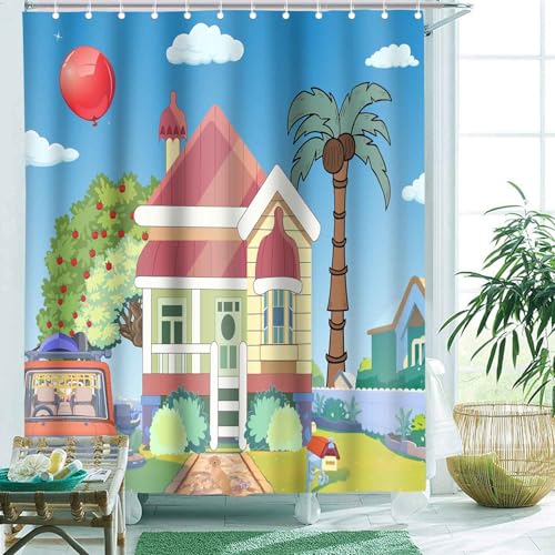 Image of Blue Them Balloon Cartoon House 72x72 Decorative Shower Curtain With Hooks | Bluey Backdrop With Cartoon House Red Balloon Print, Polyester Shower Curtain, With Hooks For Bathroom Decoration