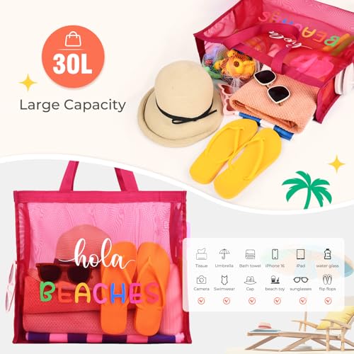 30L Large Beach Bag with Pouch Foldable Sandproof Lightweight Pool Mesh Tote Bag with Two Pockets for Swimming Travel3