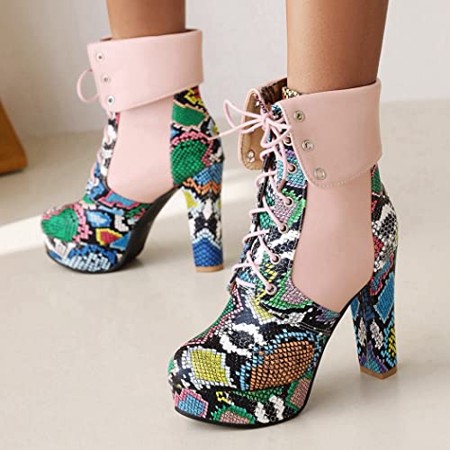 KIKIVIVI Womens Platform Snakeskin Ankle Boots Lace Up Chunky High Heel Booties4
