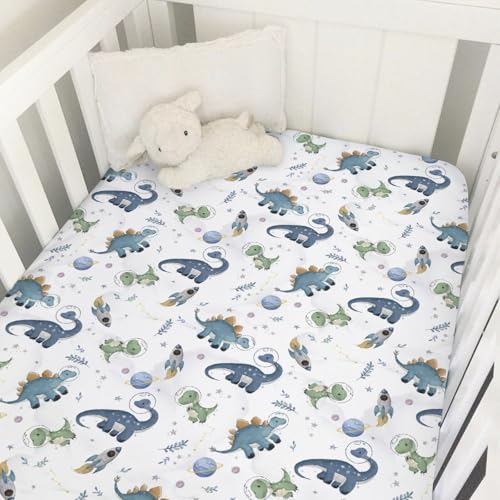 Image of Watercolor Space Dinosaurs Baby Crib Sheet 52''x28'' Cute Dinosaur Rockets Planet Stars Leaves Snug Fitted Crib Mattress Cover for Boy Girl Soft Baby Bed Sheet for Standard Crib and Toddler Mattress
