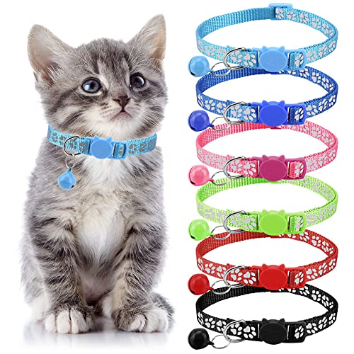 BOWINR 6 Pack Breakaway Cat Collar with Bells and Safety Buckles, Reflective Paw Prints Patterns, Cute Adjustable Breakaway Collar Solid Nylon Kitten Collars, Mixed Color