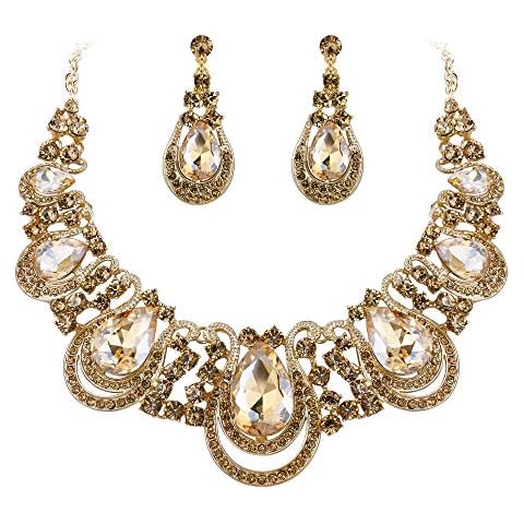 BriLove Costume Fashion Jewelry Set for Women Crystal Teardrop Hollow Scroll Statement Necklace Dangle Earrings Champagne Gold-Toned Cover