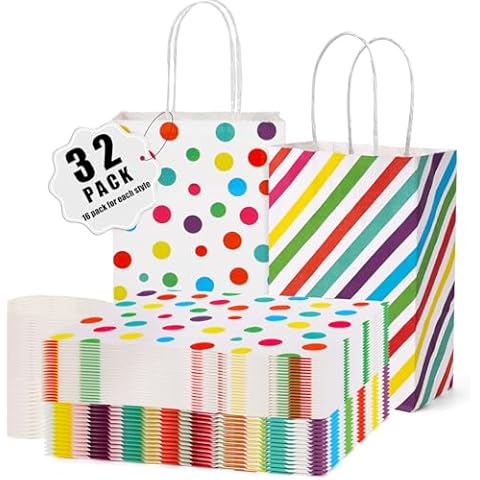 STARRKY 32PCS Gift Bags with Handles, Party Favor Bags Striped Goodie Bags Paper Bags for Wedding Birthday Party Supplies Cover