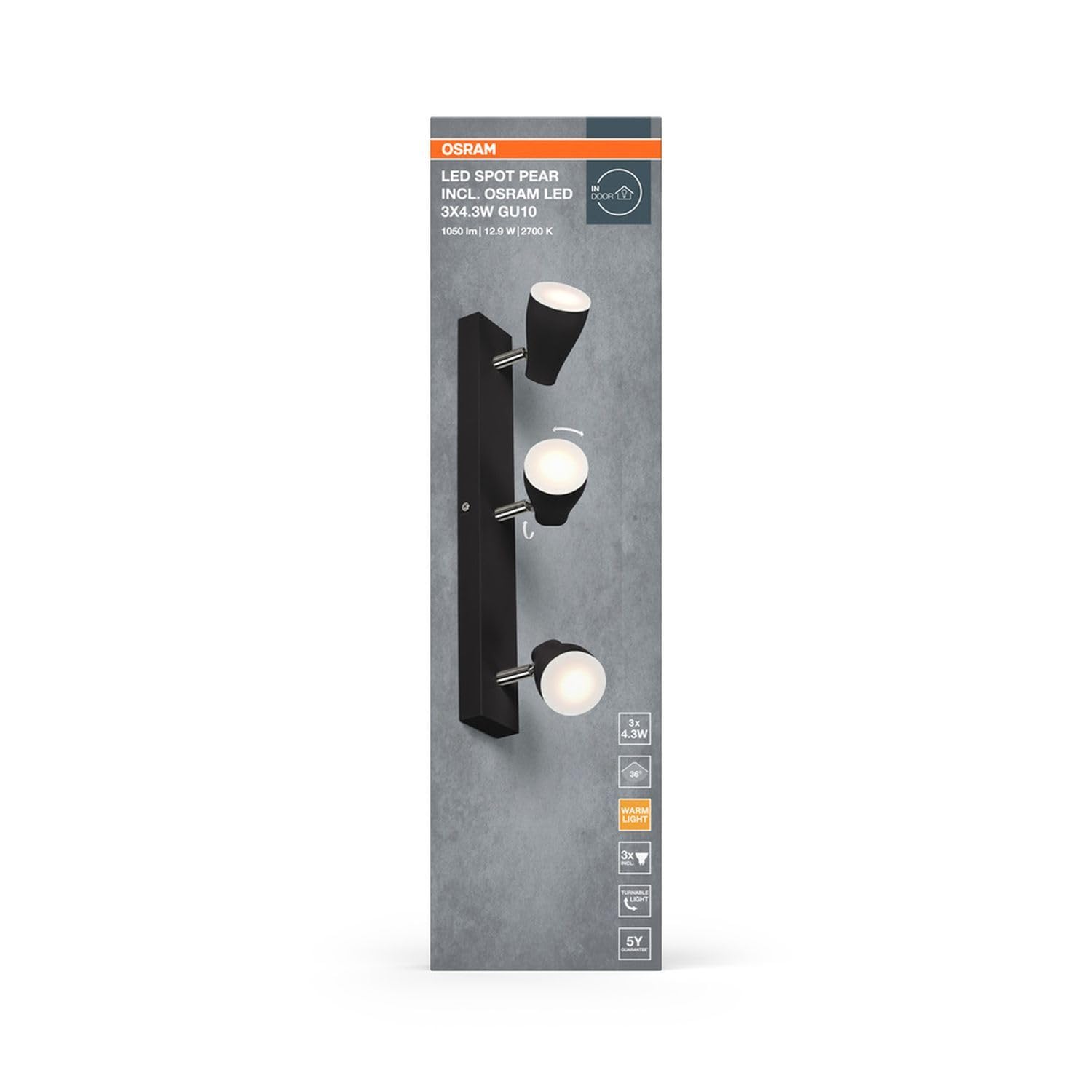 Osram LED SPOT PEAR - Foco de techo (430 mm, 12,9 W, 630 lm, luz direccional con luz blanca cálida, con foco flexible GU10, bombilla GU10 incluida, clase de protección IP20, 2700 K)