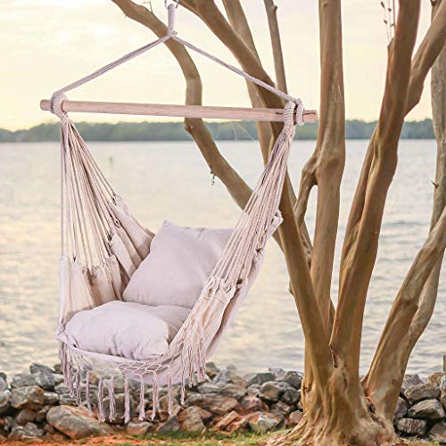 Dasuy Hammock Swing Chair Hanging Rope Chair Outdoor Indoor Hammock Net Chair for Kids Baby Adult, Camping Chair with Two Cushions (White, 39.4x51.2 Inch) - Thumbnail 6