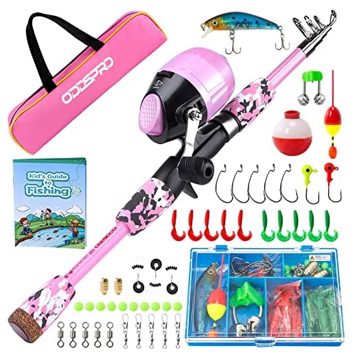 ODDSPRO Kids Fishing Pole Pink, Portable Telescopic Fishing Rod and Reel Combo Kit - with Spincast Fishing Reel Tackle Box for Girls, Youth