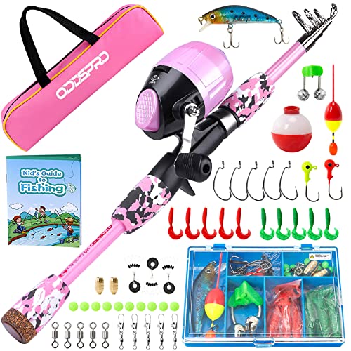 ODDSPRO Kids Fishing Pole - Kids Fishing Starter Kit - with Tackle Box Reel Practice Plug Beginners Guide and Travel Bag for Boys Girls (Light Pink 1.5M 4.92Ft)